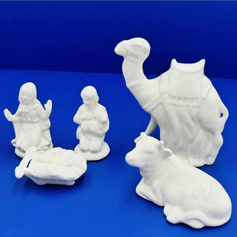 Christmas Nativity Scene Vintage White Ceramic Glazed 9 Piece Set Handmade